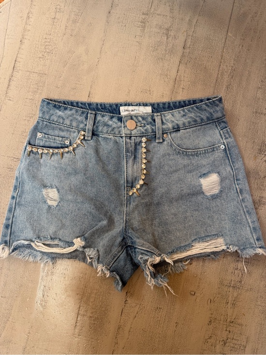 Pants - Light Blue Distressed Denim Shorts with Rhinestone Trim